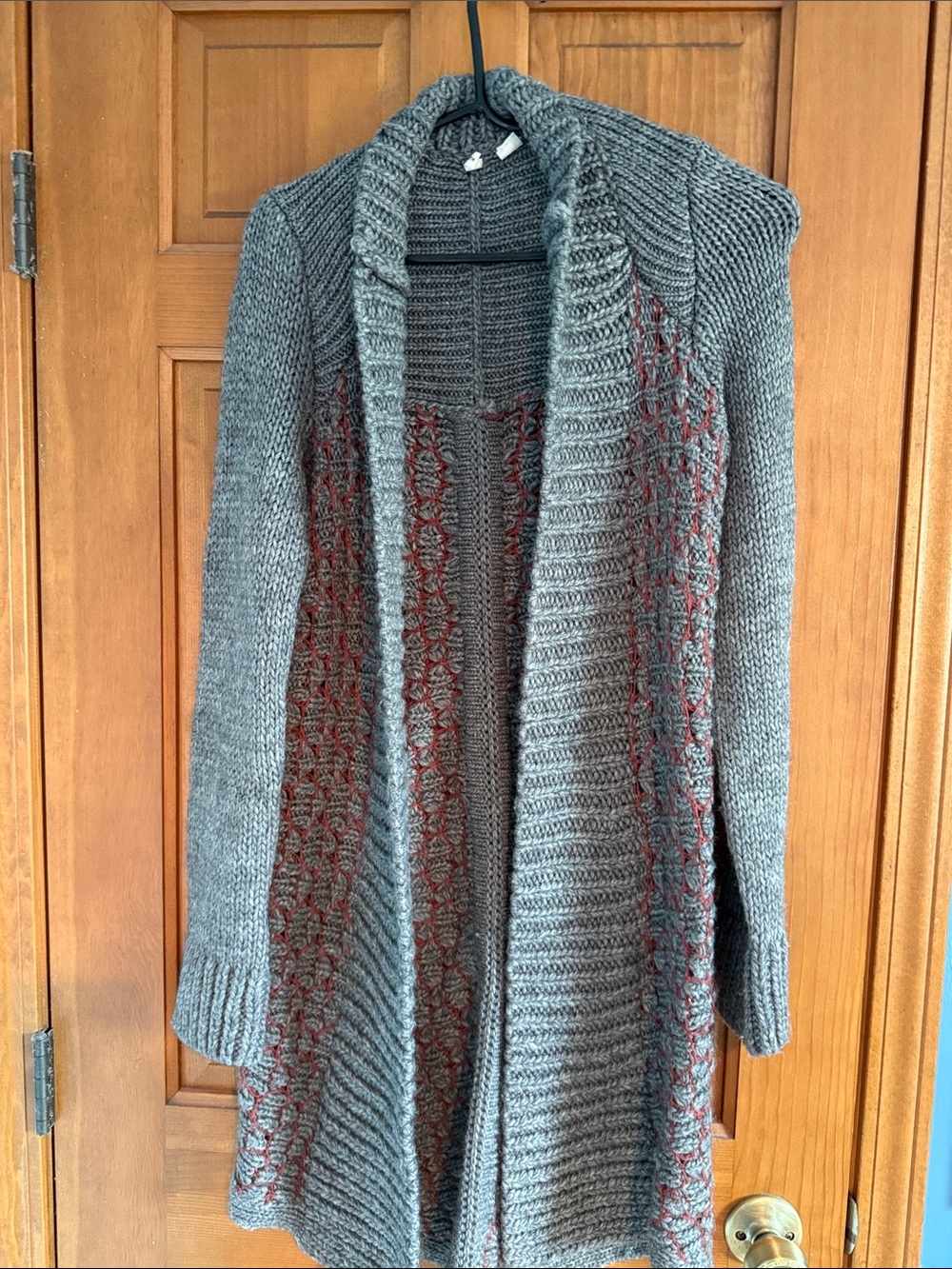 Cozy Open-Front Knit Cardigan Sweater - Gray with Rust Accents